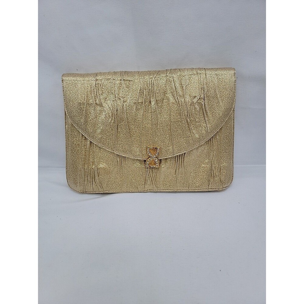 Vtg Lou Taylor Italy Gold Evening Clutch Rhinestone Clasp/ Mirror 8.5x6x.1
